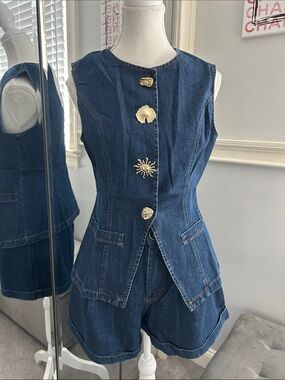 Dark Blue Denim Boutique Sleeveless Jeans 2 pc Shorts Set Size Small New